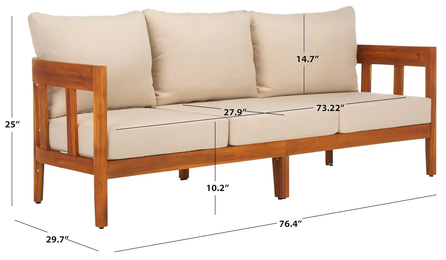 Outdoor 3-Seat Sofa Solid Wood Cushion Mid-Century Slatted Patio Deck Porch 15