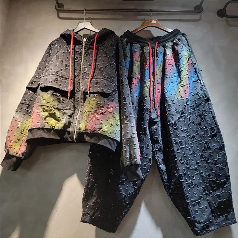 WTHT, nueva moda, chaqueta holgada con capucha con diseño a cuadros y grafiti degradado para mujer, Pantalones rectos con cintura elástica para mujer, invierno 2025 1LS2626