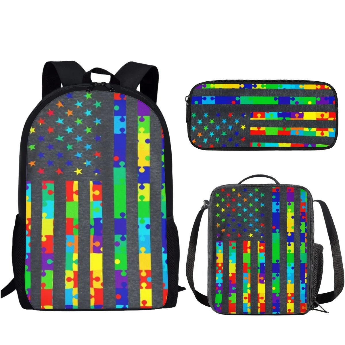 

Autism Awareness Colorful School Bags for Kids Boys Girls Casual Book Bags with Lunch Case/Pencil Box Large Capacity Mochila