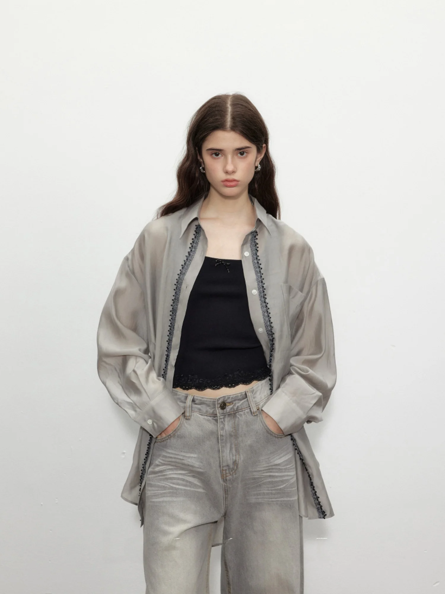 

Lean Project Heavy Industry Lace Bead Lightweight Sun Protection irt Women's Commute Sle Loose Fit Long Sve Pure Color