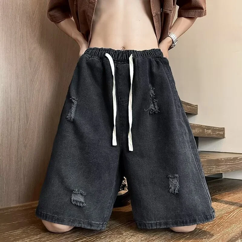 

Летние мужские мешковатые эластичные джинсовые шорты Y2K, уличная одежда, рваные шорты-карго, джинсы, новые повседневные винтажные синие джинсы-бермуды в стиле ретро