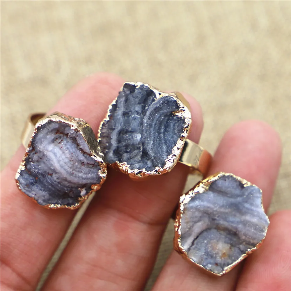 Natural Stone Agate Druzy Milky Way Ring Slice Handmade Electroplated Silver Goldtone Plated Free Form From Brazil Natural Style