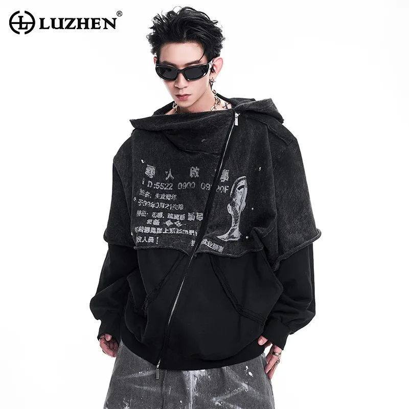 LUZHEN Original Vintage Wornout Hooded Sweatshirts Patchwork Fun Creative Men's New Personalized Fashion Streetwear Sport LZ7285