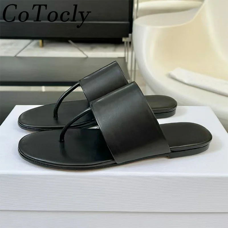 

New Flat Slippers Women Flip Flops Round Peep Toe Mules Shoes Woman Genuine Leather Slides Holiday Beach Slippers Woman
