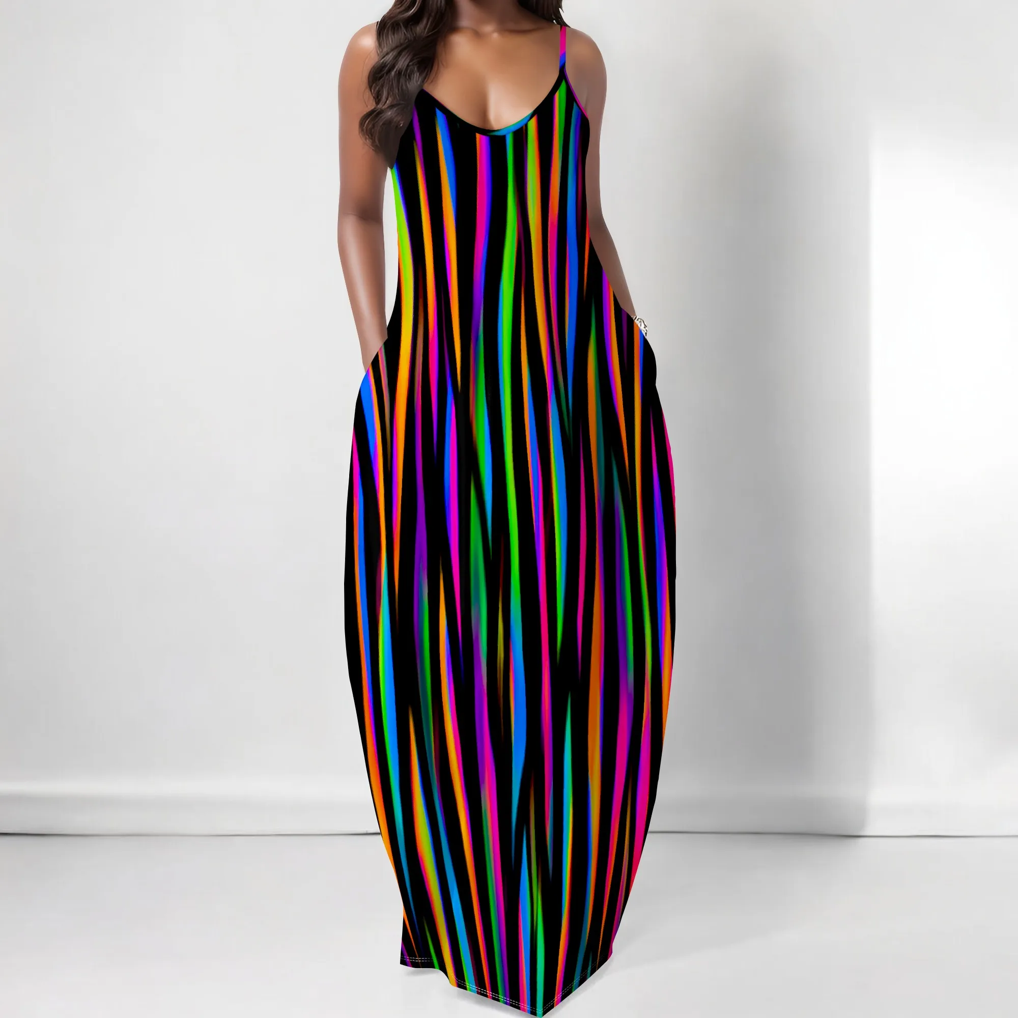 

Neon Stripe Print Maxi Dress XS-3XL Spaghetti Strap Loose Fit Long Style for Pride Parade, Music Fest or Summer Streetwear Look