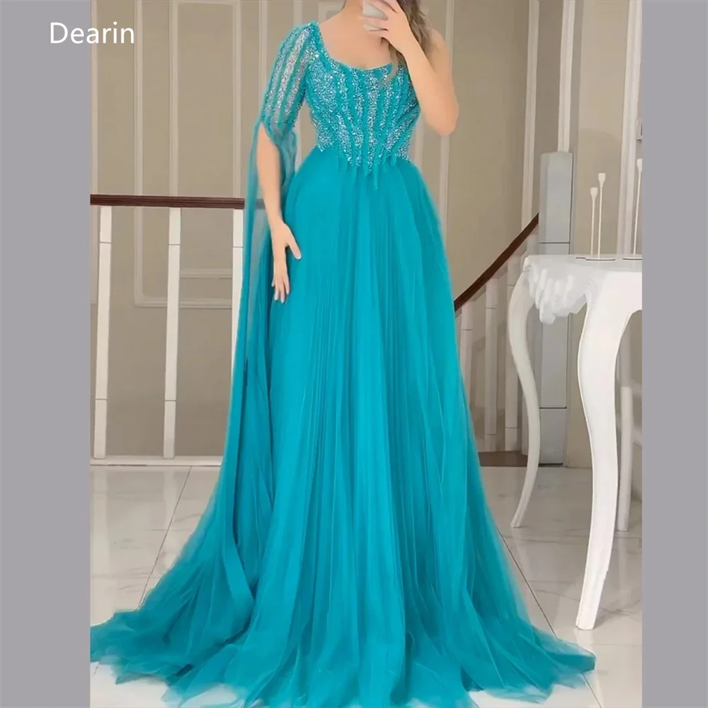 Customized Formal Gown Dearin One-shoulder A-line Floor Length Skirts Sequin Layered Draped Tulle Bespoke Occasion Dresses Prom