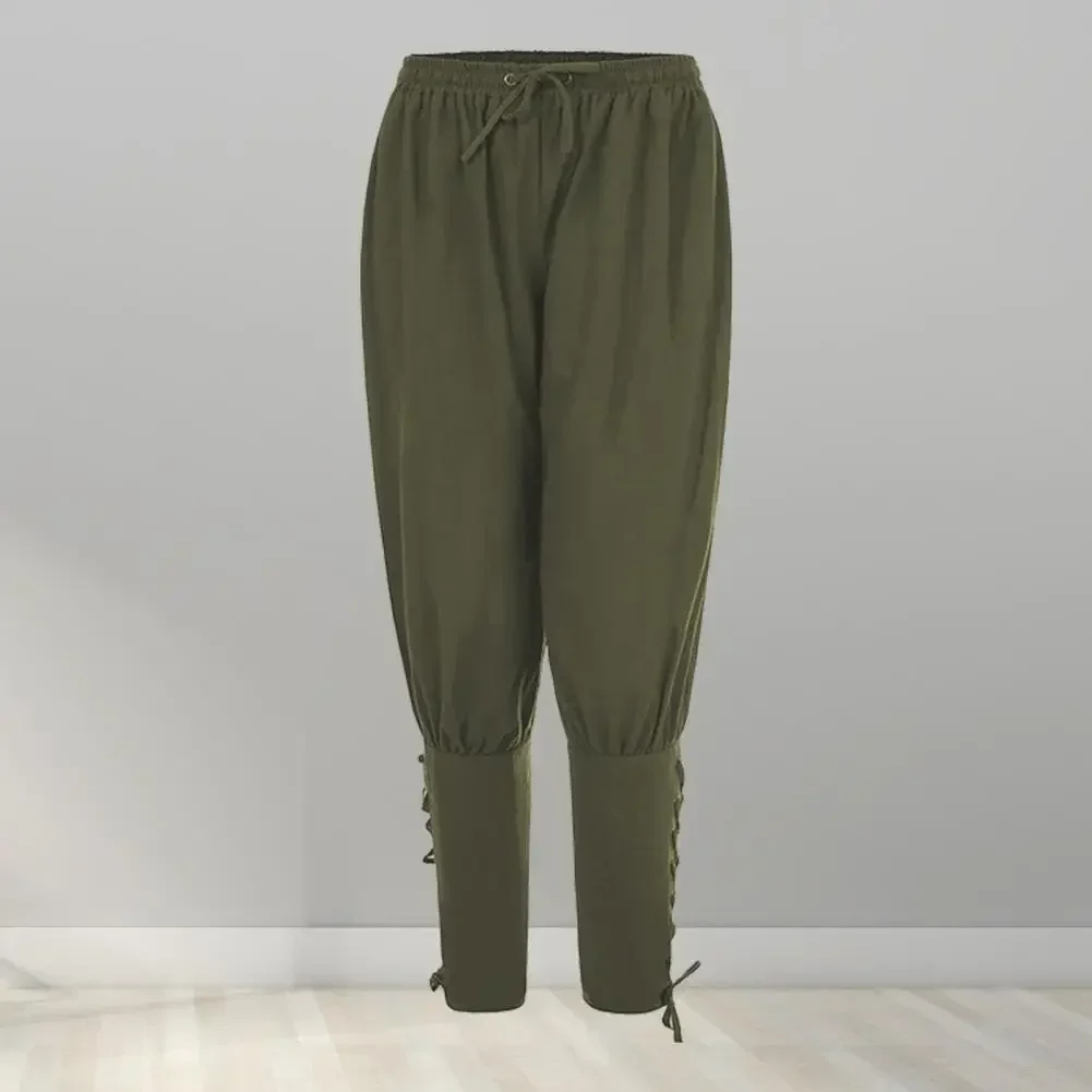 Pantaloni da pirata medievali per uomo adulto Costume da cavaliere in lino Leggings larghi Pantaloni con fasciatura per le gambe da navigatore nero