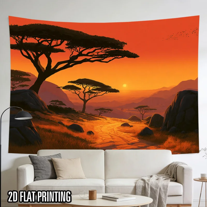 African Sunset Landscape Tapestry, acacia trees mountain valley orange sky, wall hanging for bedroom dorm living room decor