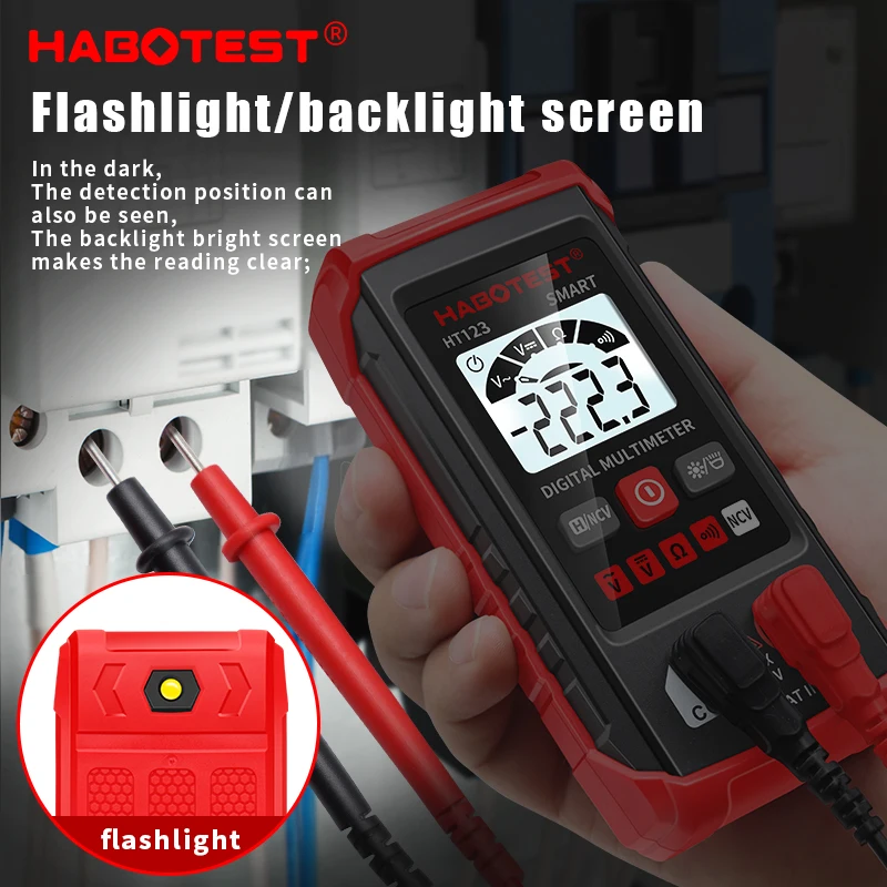 Imagem -02 - Mini Multímetro Digital Smart Auto Range Meter Ncv Teste de Ohm Tester Eletricista Profissional Tensão ac dc 600v Ht123