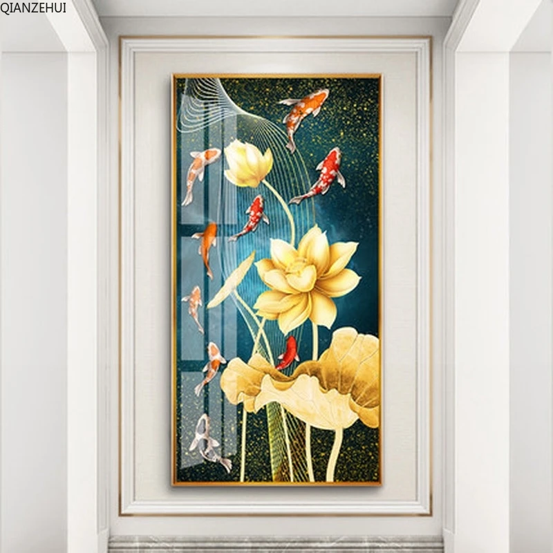 

DIY full Diamond Embroidery,Round Diamond Entrance 5D Lotus Nine Fish Living room decoration rhinestone Diamond painting