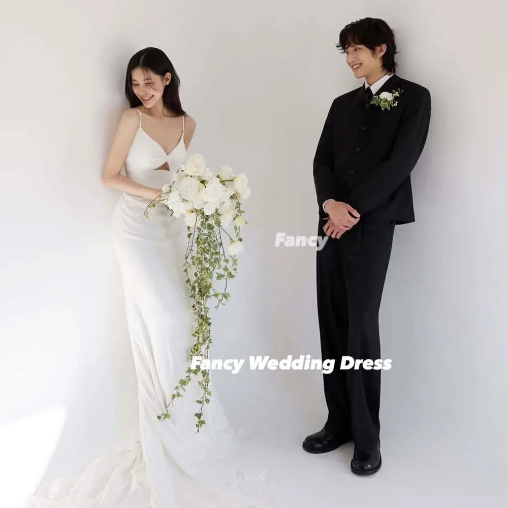 Fancy Sexy Spaghetti Straps Korea Wedding Dress Mermaid Elastic Satin Bridal Gown Photoshoot Back Corset 웨딩드레스 Customized