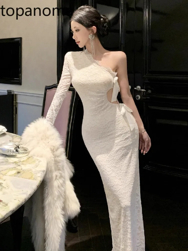 Topanoma Wedding Party Evening Dresses Women Sexy Hollow Out Bow Lace Patchwork Off Shoulder Elegant Cocktail Dress Birthday