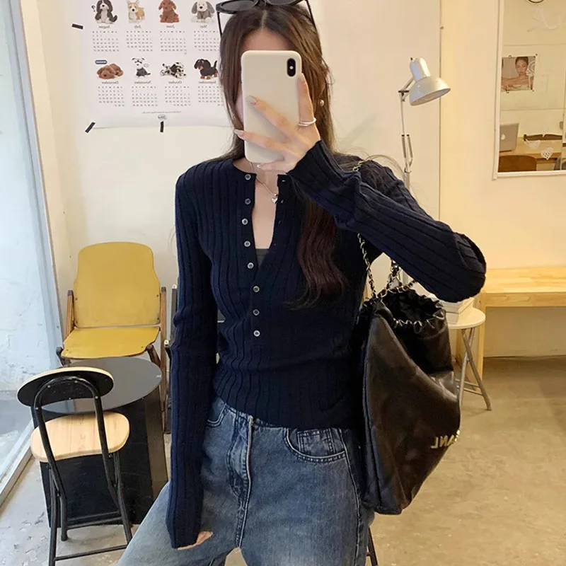 Autumn Deep Pit Striped Pullover Women Sweater Fashion Half Open Button O-neck Knit Tops Elegant Slim Fit Long Sleeve Sweaters