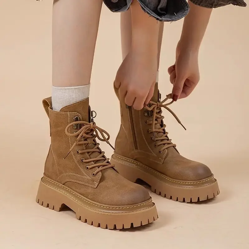 Chunky Biker Booties Platform Female Short Shoes Leather Round Toe Women's Ankle Boots Spring 2025 on Offer Autumn Trend New In