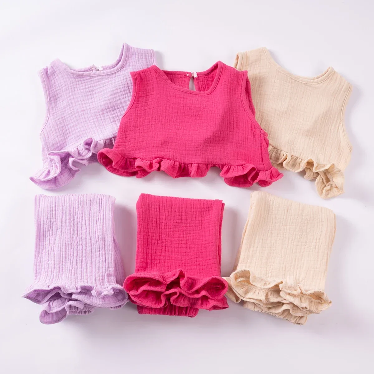 Girls Set Summer Solid Color Sleeveless Top+Long Pants 2Pcs Pure Cotton Comfortable Children\'s Clothing Wholesale