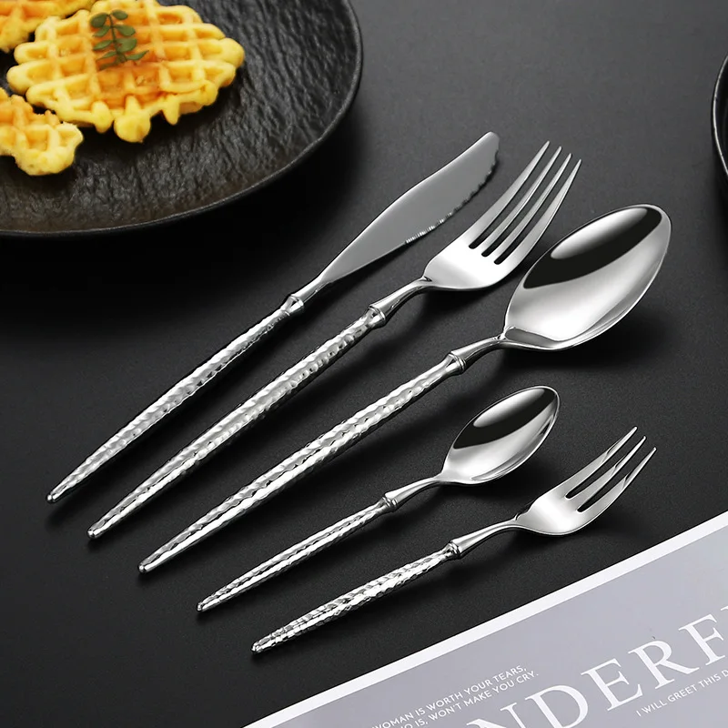 Ballet French 304 Stainless Steel Cutlery Sets Diamond Hammered Knife, fork and Spoon Steak Knife Dessret Fork Wedding Gift