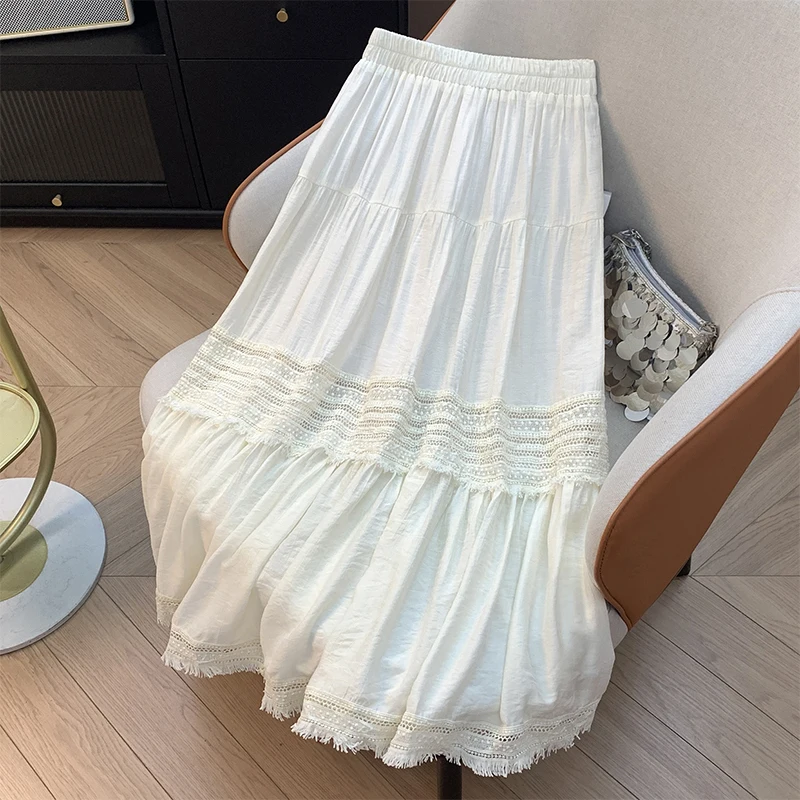 Gonna longuette a trapezio bianca gonfia da donna Inizio autunno 2025 Gonna svasata con finiture in pizzo Cotone Lyocell Vita alta Pendolarismo Ci