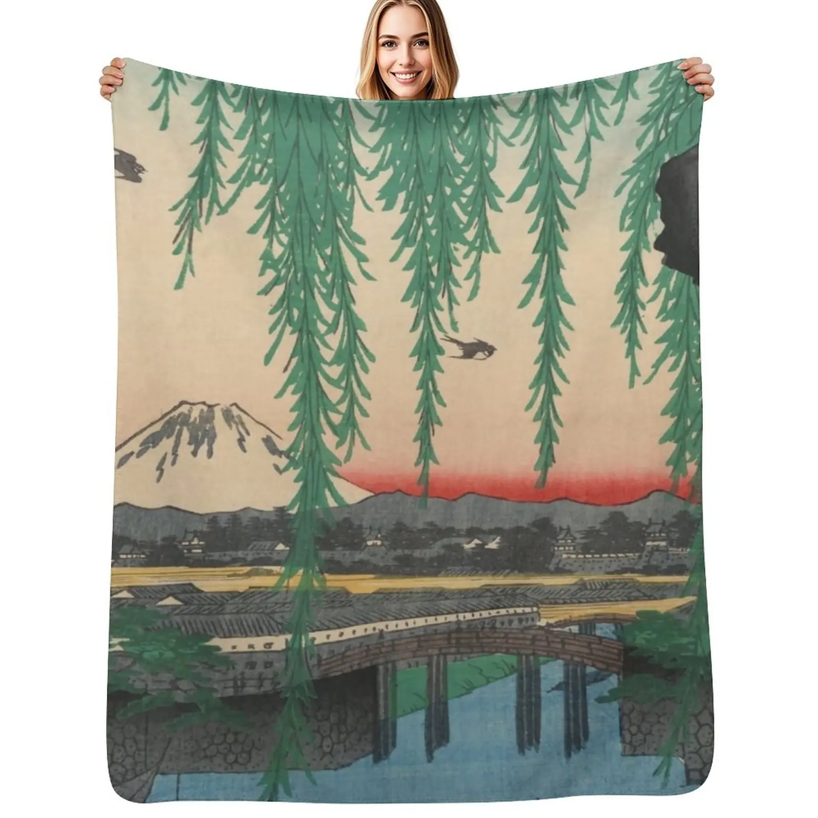 Mount Fuji from Yatsumi Bridge Ukiyo-e Japanese Art Throw Blanket Tourist Sofa Throw Multi-Purpose Decorative Throw Blankets