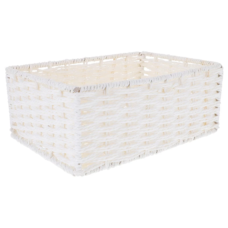 Rectangular Wicker Baskets for Storage, Shelf Organizer, Paper Rope Woven Holder, White Cream Rattan, 22x16x9cm, 1 PC