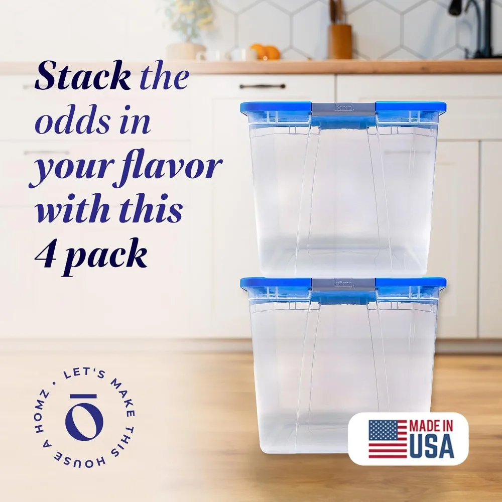 4-Pack 64QT Clear Stackable Storage Bins, Blue Lids, Secure Latch