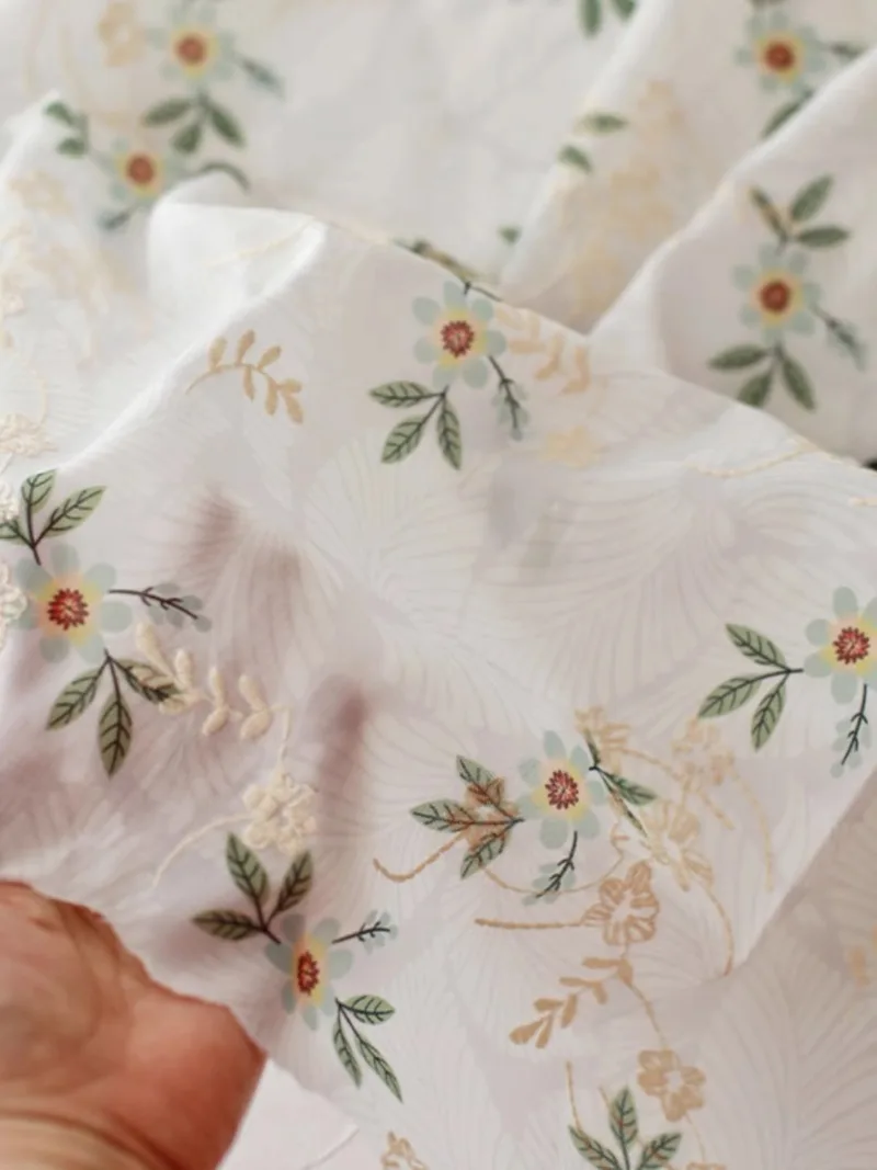 Floral Polyester-Cotton Blend Fabric with Embroidery and Jacquard, DIY Clothes, Dresses, Tablecloths, Accessories, 145x50cm