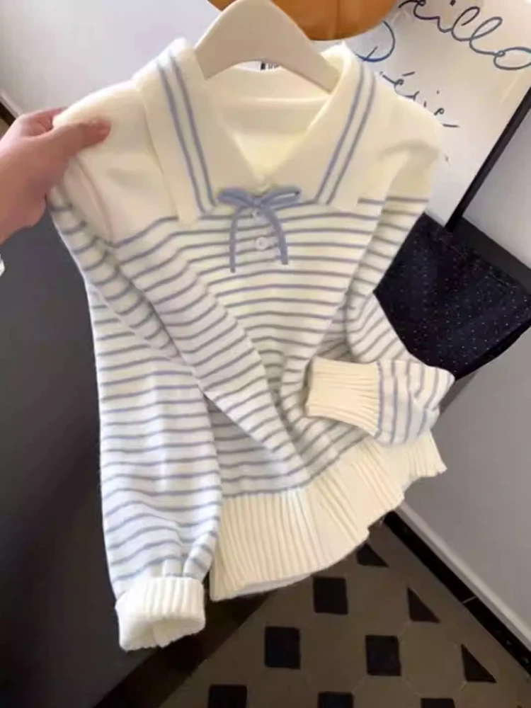 

Korean Style Sweet Bowknot Striped Sweater 2025 Women's Autumn Turn Down Collar Long Sleeve Tops Chic Button Casual Knitwear