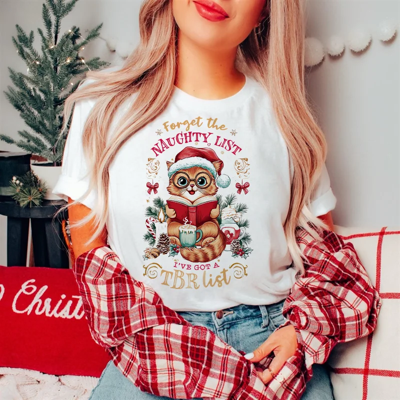 

Cat Reading Printed Christmas Pattern T-Shirt Short Sleeve Basic Top O-Neck Clothes Women's Fashion Women's Casual White T-Shirt