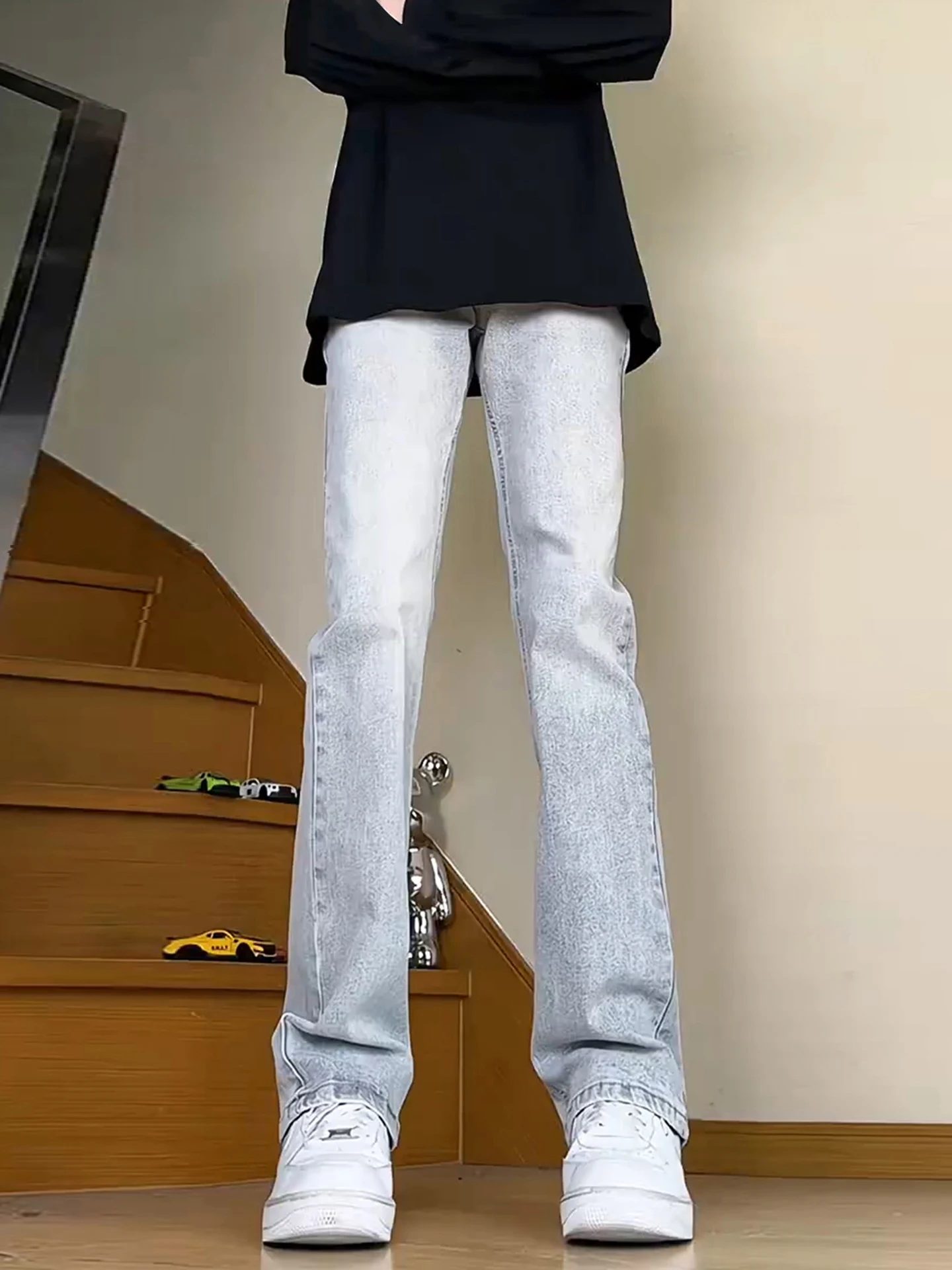 

High Waist Slim Fit Straight Leg Jeans Men's ey Cement Color Autumn Wear to Lengthen Legs American Sle Micro Flared Pants