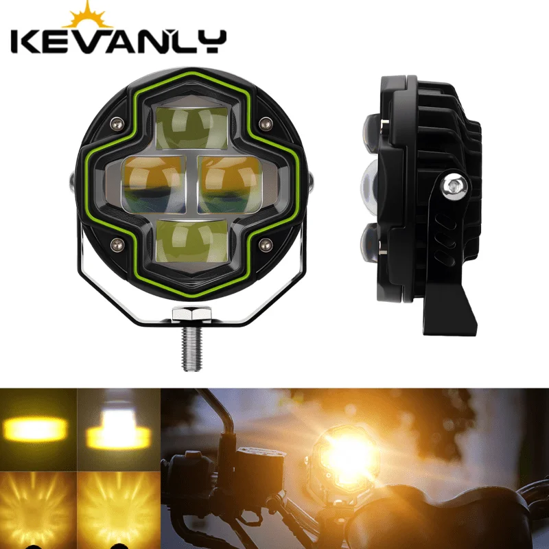 1x Motorcycle 4 Lens Spotlight Dual Color Flash Work Lamp for Truck ATV UTV 4x4 Offroad white yellow Hi/Lo Beam Light 12V