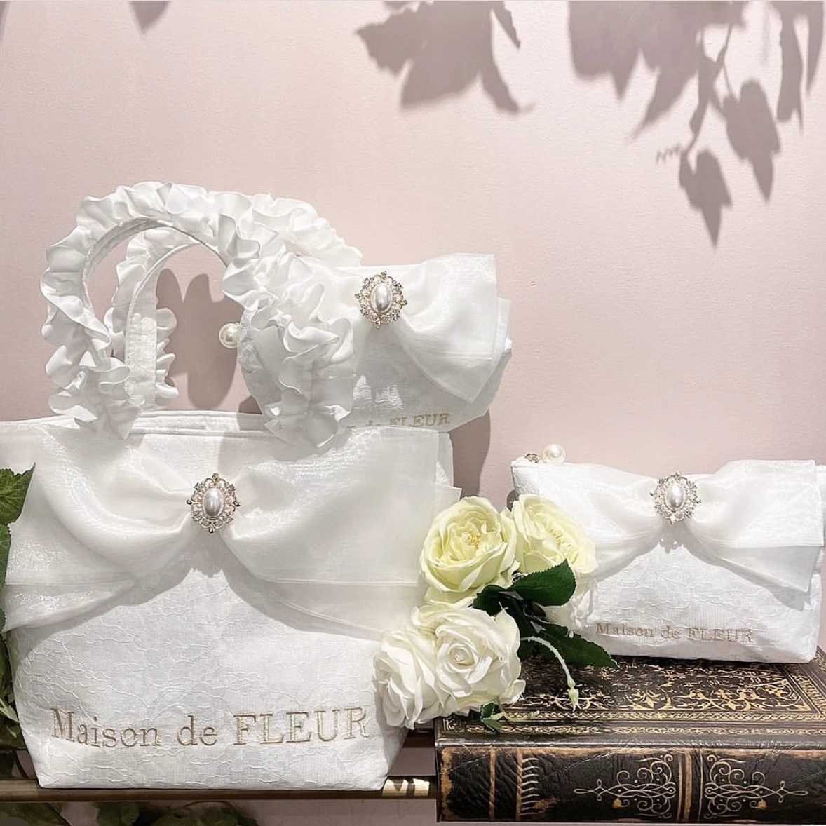 Japanese Style Flower Wedding Series Pure White Wedding Tote Bag Girl Female Lace Lolita Big Bow Cosmetic Bag Clutch Handbags