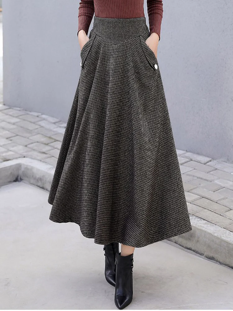 High Waist Vintage Houndstooth Plaid Warm Wool Long Skirt For Women Winter Elegant Casual Big Swing A-Line Saias Longas Female