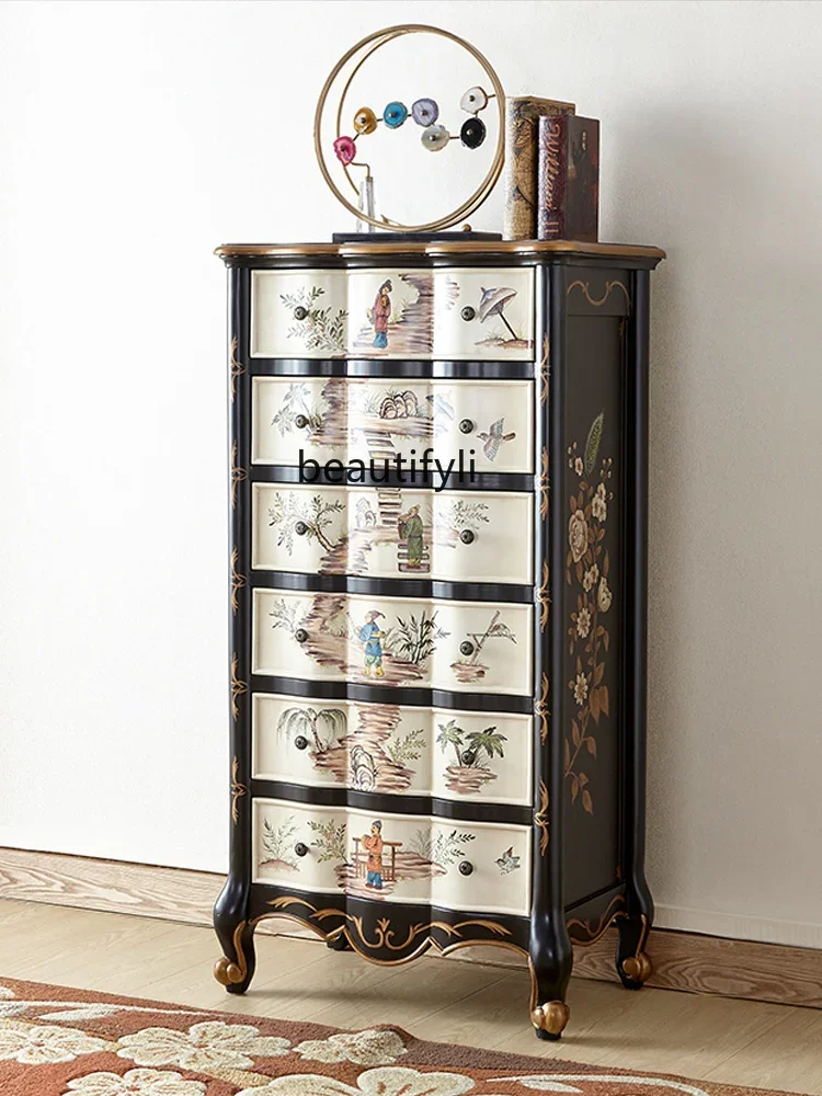 

zxqAmerican Style Chest of Drawers Solid Wood Living Room Wall French Retro Six-Drawer High Cabinet Painted Master Bedroom Lock