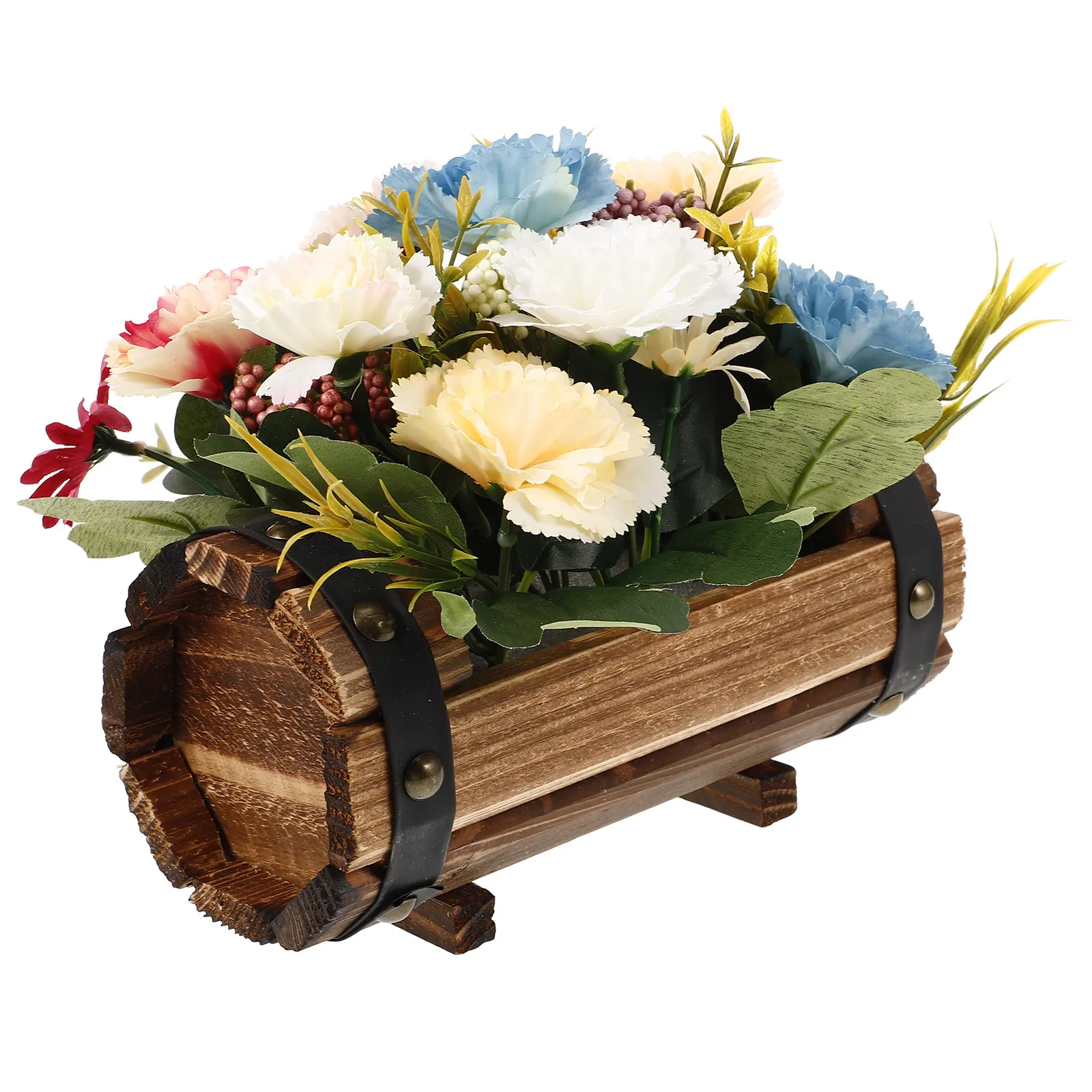 1Set Anticorrosive Wooden Barrel Flower Box Spacious Interior Retro Rivet Design Home Garden Table Decoration Artificial Flowers