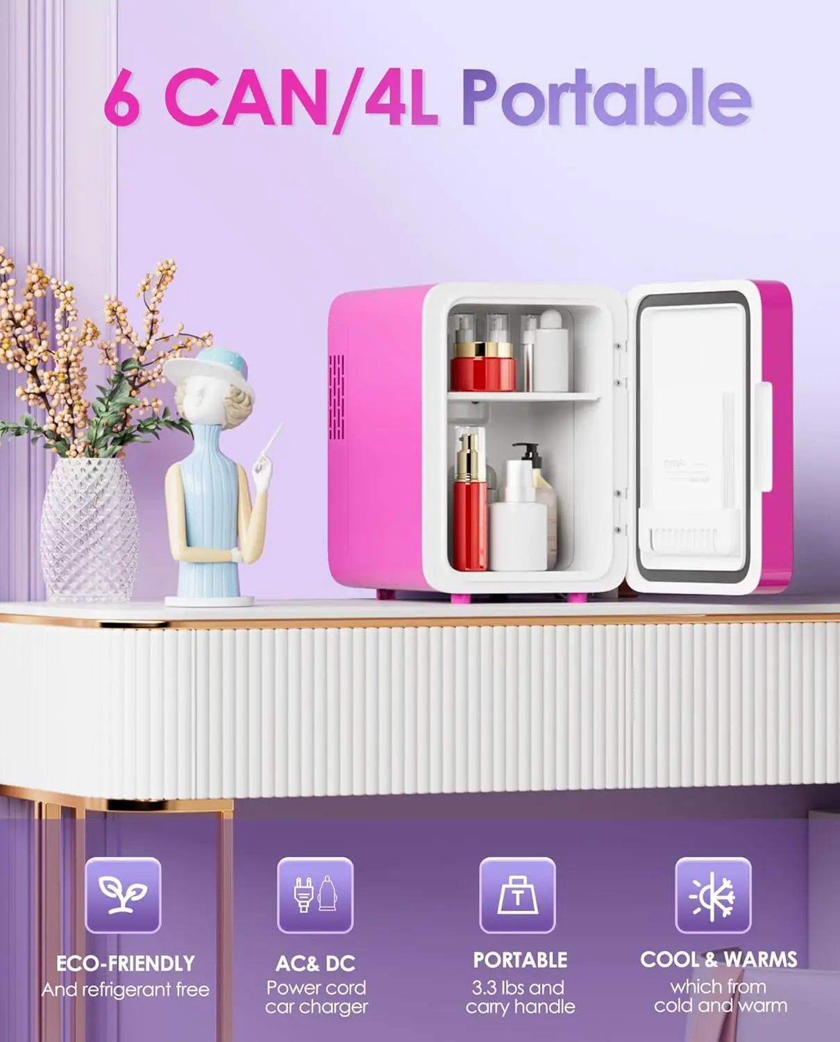 Skincare Fridge With Dimmable LED Light Mirror, 4L Mini Fridge For Desktop, Travel or Cool & Heat, for Cosmetics and Food