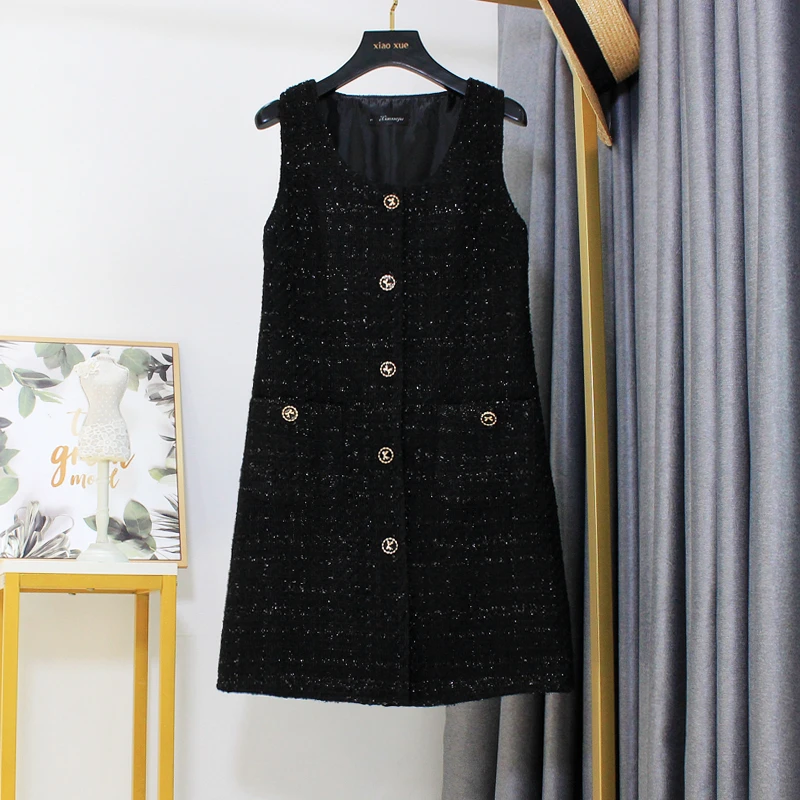 Damski jesienno-zimowy 5XL czarny wysokiej jakości Tweed pachnący bez rękawów Tank sukienka z topem Party Vestidos