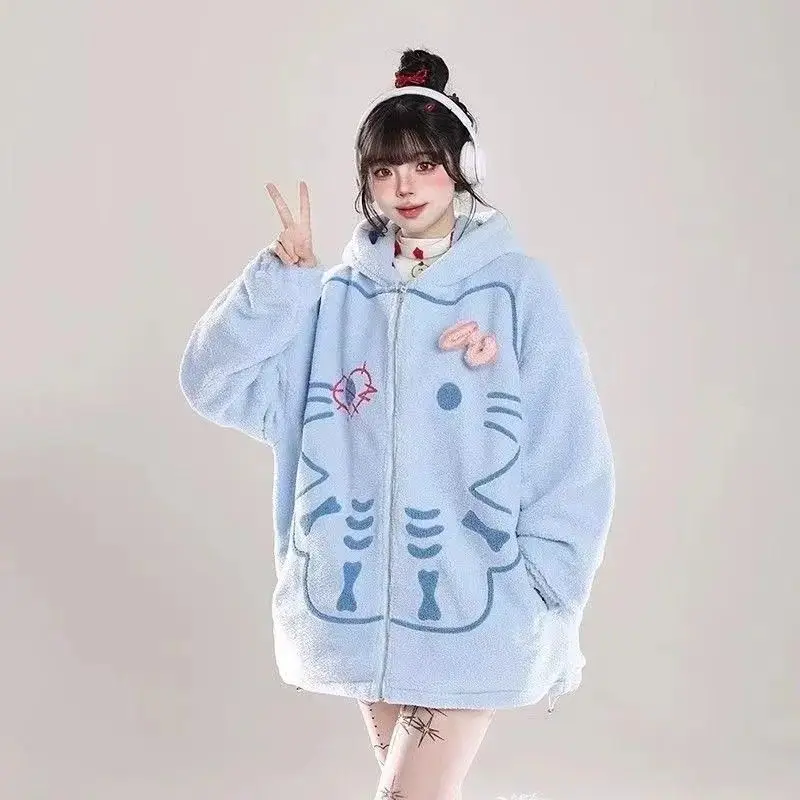 

Милое мультяшное пальто «Hello Kitty Lamb» на осень и зиму, свободное повседневное утолщенное флисовое пальто с допамином, студенческий стиль, популярный стиль