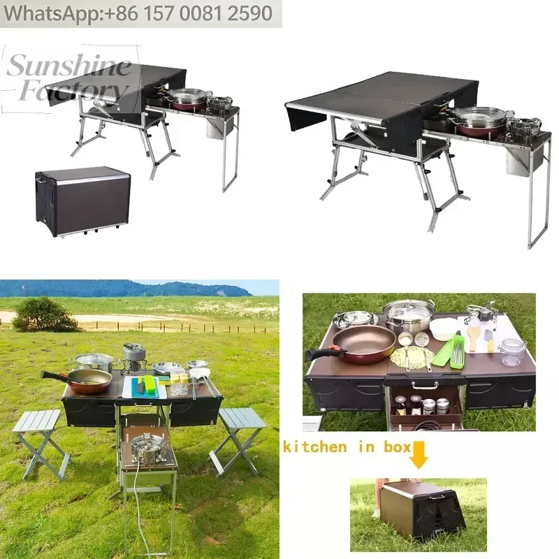 Hot Sale Outdoor Travel Portable Vehicle Car Camping Mobile Kitchen Folding Picnic Table With Stove Tableware Cookware