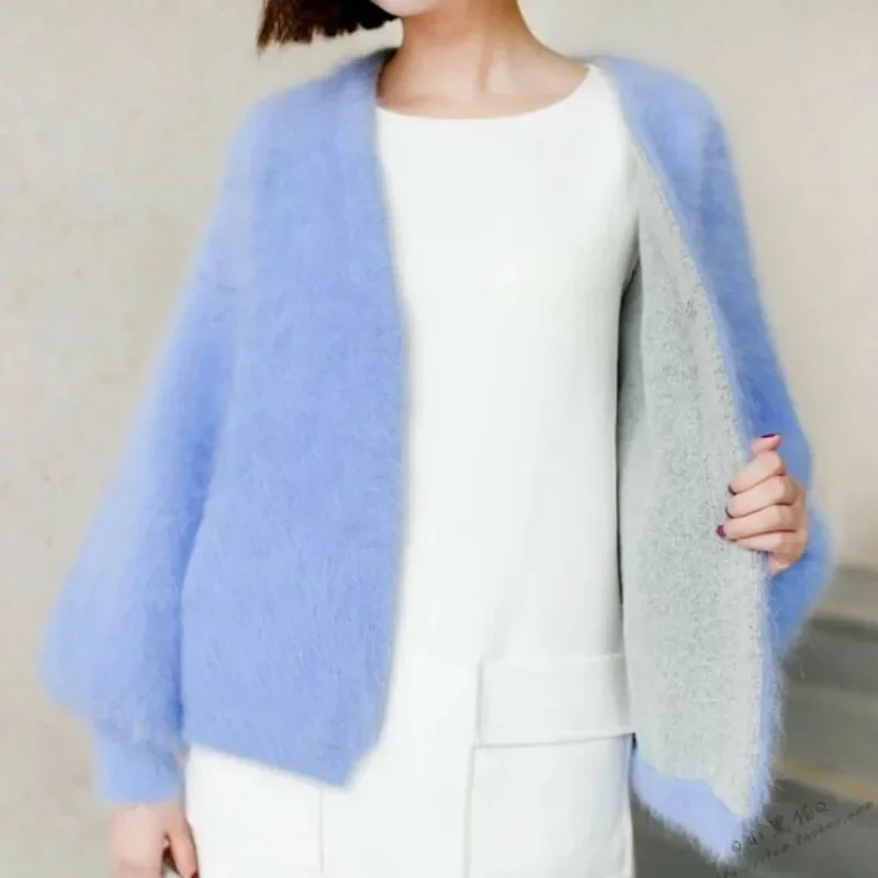 

Long Lantern Sleeved Soft Hairy Mohair Jacket Sweet V-neck Knitted Cardigan Imitation Cashmere Sweater Coat Faux Mane Fur Tops