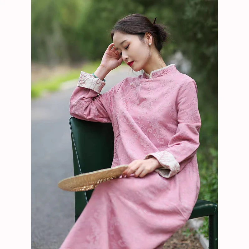 

Spring New Arts Style Women Long Sleeve Loose Improved Qipao Dresses Good Quality Jacquard Vintage Embroidery Long Dress JM05