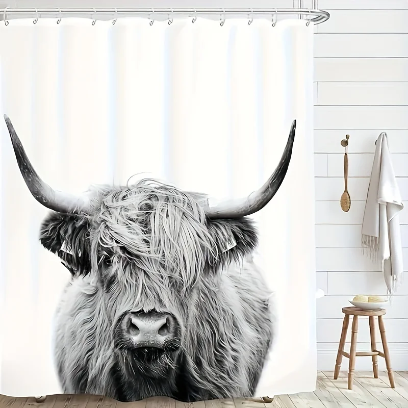 Highland cow shower curtain: 1pc, 6/10/12 grommet holes, 180.34/203.2/228.6/254.0cm, artistic animal print, waterproof, seasonal