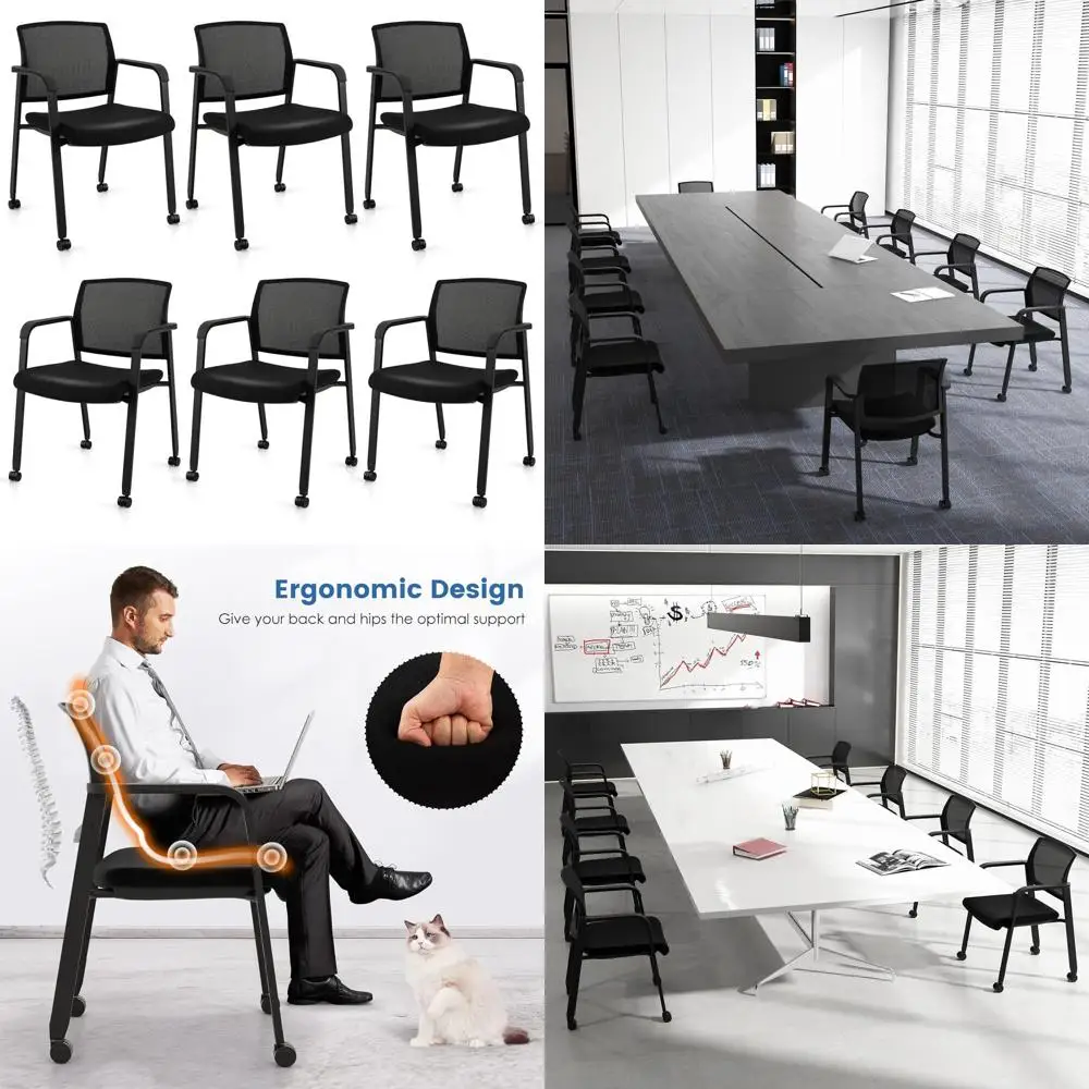 Rolling Conerence Room Chairs Set o 6, Stackable Oice Gt Mesh Chairs with Armrests and Wheels, Ideal or Waiting Room Oice, Schoo