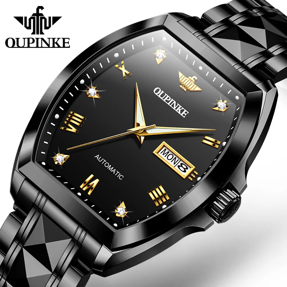 OUPINKE 3200 High Quality Automatic Watch for Men Tungsten Steel Strap Tonneau Mechanical Wristwatch Luxury Top Brand Man Watch