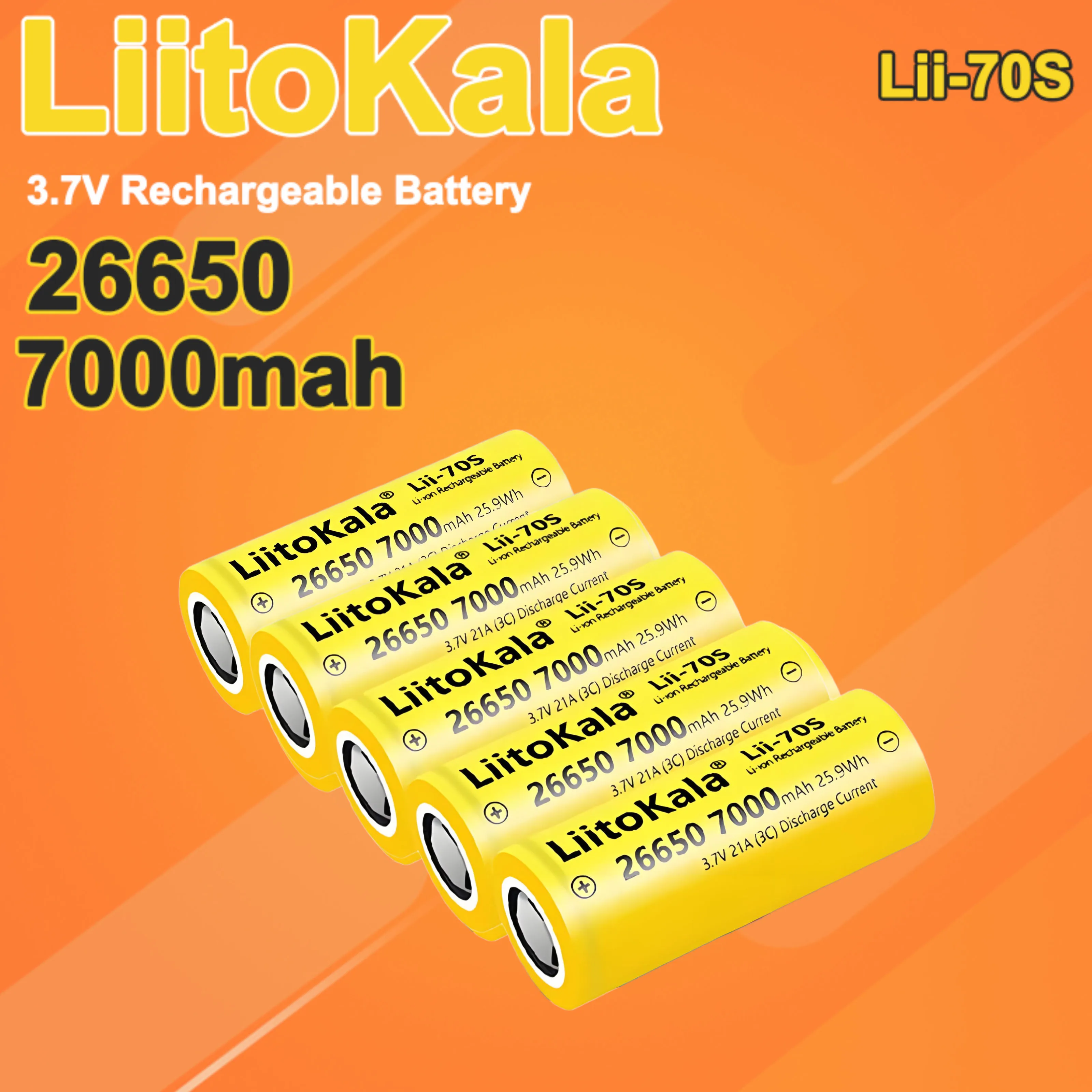 

5pcs LiitoKala Lii-70S 3.7V 26650 7000mah 21A/35A High Capacity 26650 Rechargeable Li-Ion Battery for Power Tools