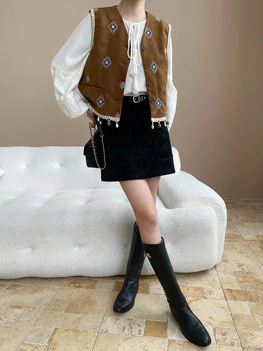 

Экзотический этнический стиль, тяжелая промышленность, вышивка, тканый кулон, V-образный вырез, свободный и утягивающий жилет