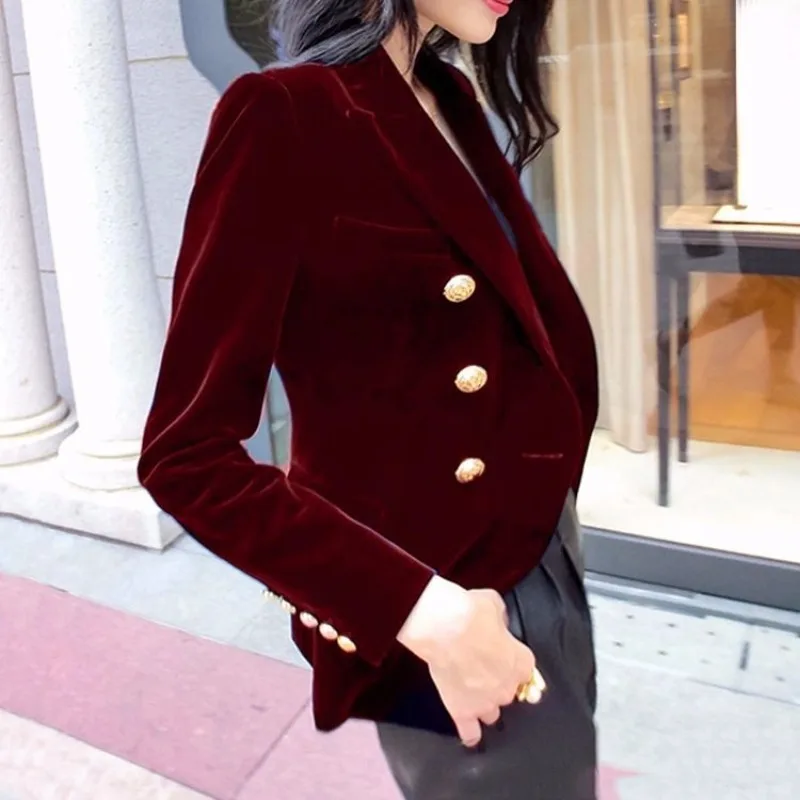 Autumn Winter New Style Velvet Mini Suit Short Jacket Women's  Velvet Slim Fit Versatile Double-breasted Long-sleeved Outerwear