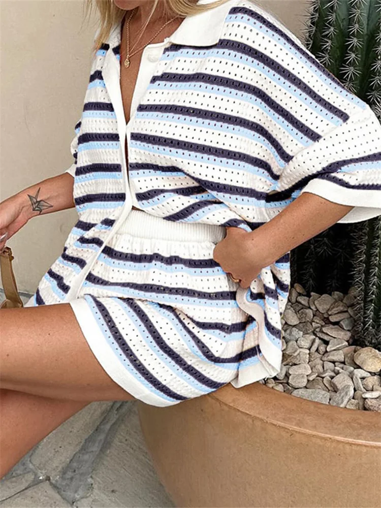 Women Striped Knitted 2 Pieces Loungewear Suits Contrast Color Crochet Knit Tops Shorts Lounge Sets Summer Vacation Beachwear