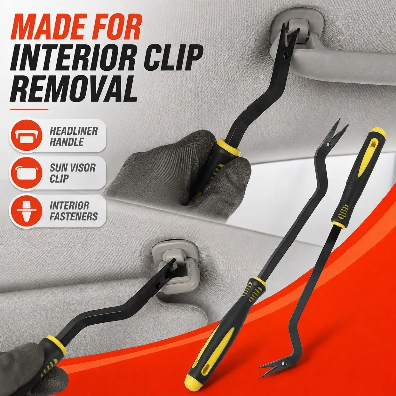 Automotive Grab Handle Clip Remover Tool, Headliner Sun Visor Fastener Removal Hook with Hardened Steel Fork and Anti-Slip Grip