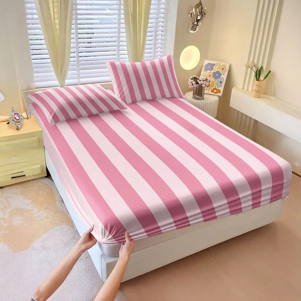 Pink Vertical Stripe Print Fitted Sheet Set Bed Sheet Set Bedding Set No Fillers Sweet Girls Skin Friendly Bed Sheet Kit