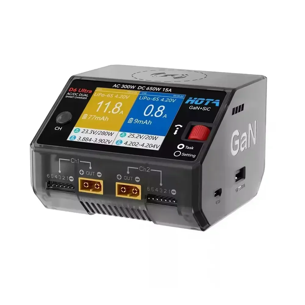 HOTA D6 Ultra Charger AC/DC 650W Max GaN Tech Dual Channel for 1-6S LiPo LiHV Li-ion FPV Drone RC Battery XT60