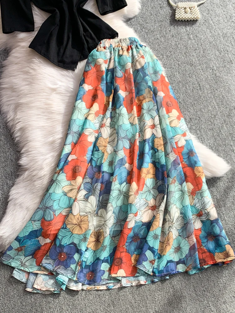 

2025 Sexy Asymmetrical V-Ne Mid-Sve Top High Waist Slim Print Midi Skirt Set Women's Faion Summer Outfit Combo